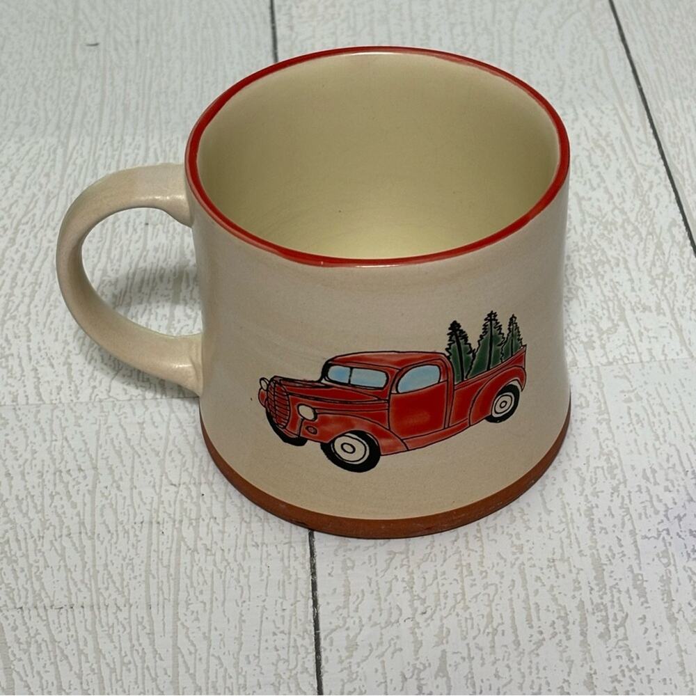 Vintage Style Holiday Red Truck Coffee Mug Christmas Pine Tree Design